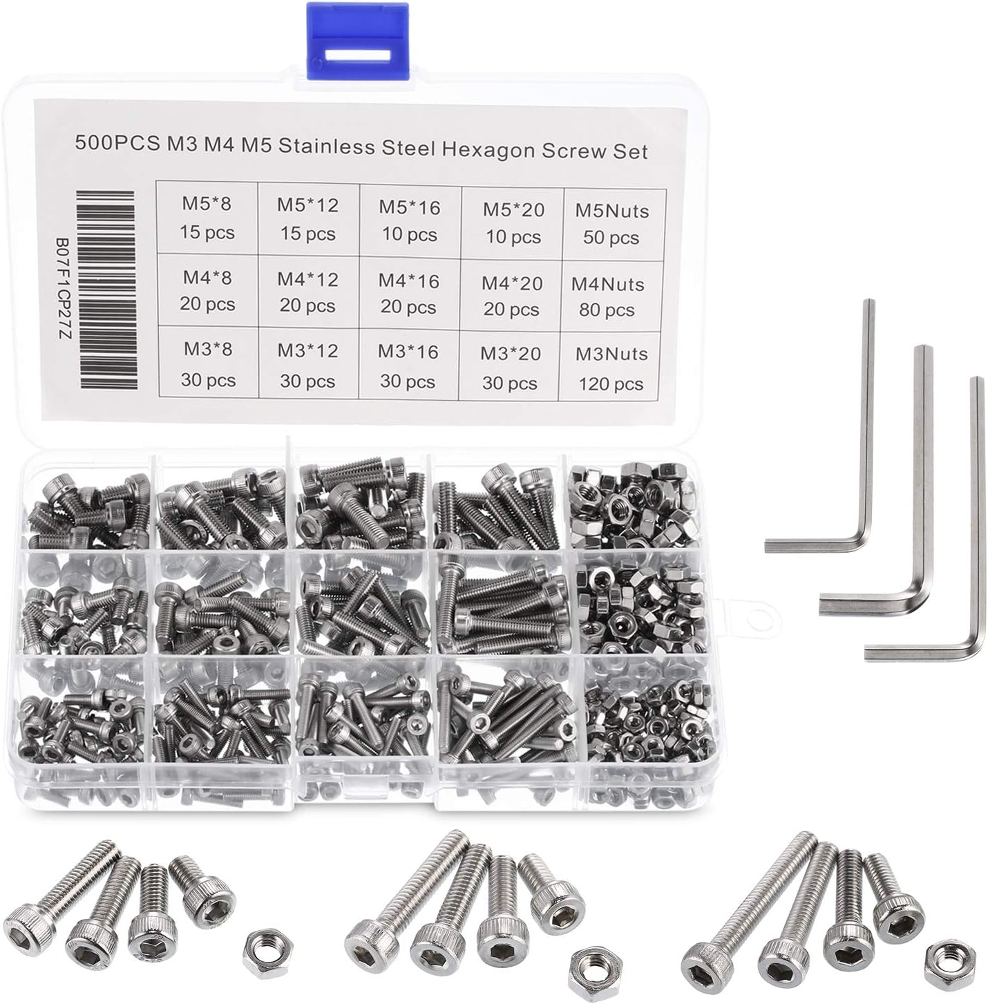 Metaltools 304 Stainless Steel Hexagon Screw Set - 500pcs M3 M4 M5 Hex Bolts and Nuts Assortment for Your Everyday Needs (Soket Head)