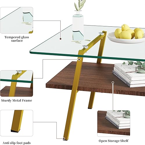 Miniatura 52 de Mesa de centro de cristal para sala de estar, mesa de centro de 2 niveles de mediados de siglo, mesa central con parte superior de vidrio templado