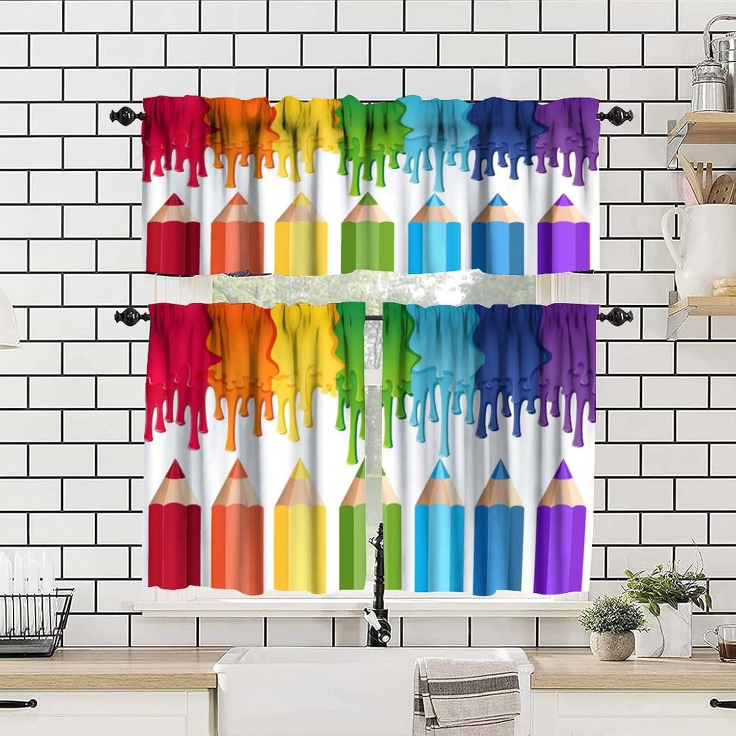 Crayon Window Valance Curtains Colorful Rainbow Pigment Pencil Pattern for Kids Room Decoration Short Curtain for Kitchen Living Room Bathroom Windows W54xL18in + W27xL24in x2 (3 Piece)