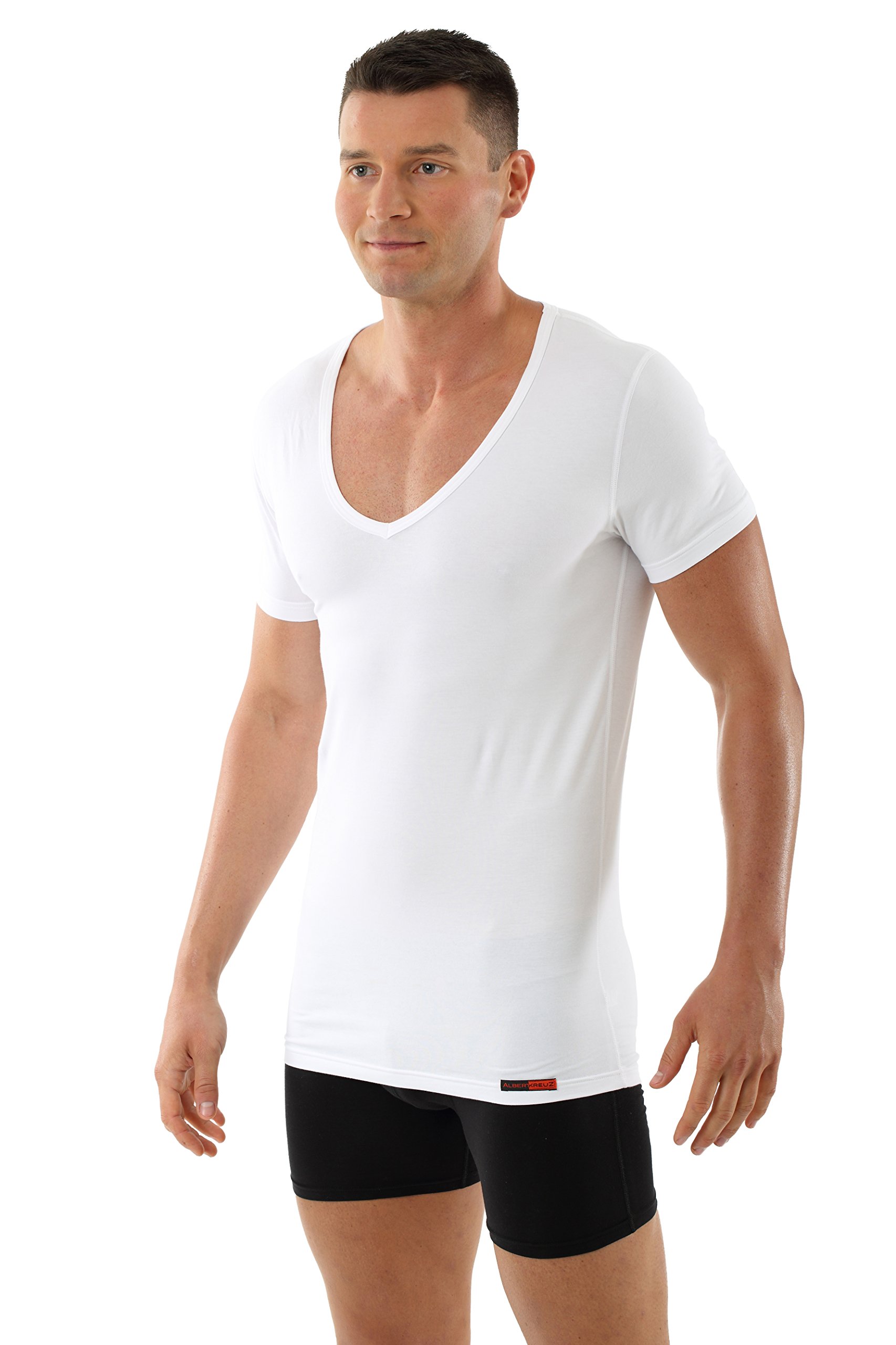 ALBERT KREUZ Maglietta Intima Cotone Elasticizzato Maniche Corte Scollo a v Profondo Deep-v Hamburg Bianca