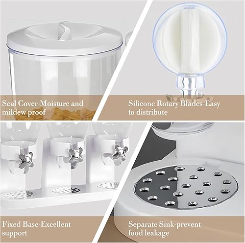 Miniatura 5 de Dispensador de cereales para encimera, dispensador triple indispensable de alimentos secos de 2 litros, contenedor organizador de aperitivos para