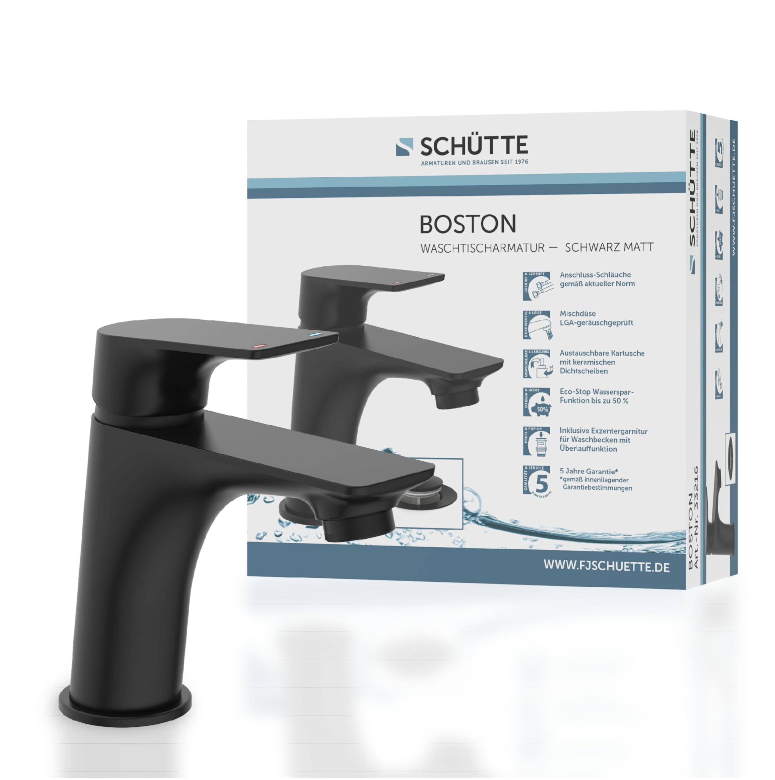 SCHÜTTE BOSTON 33216 Grifo de baño negro mate, grifo de lavabo, grifo mezclador de lavabo, negro, moderno mezclador monomando con desagüe, grifo de lavabo para tu baño