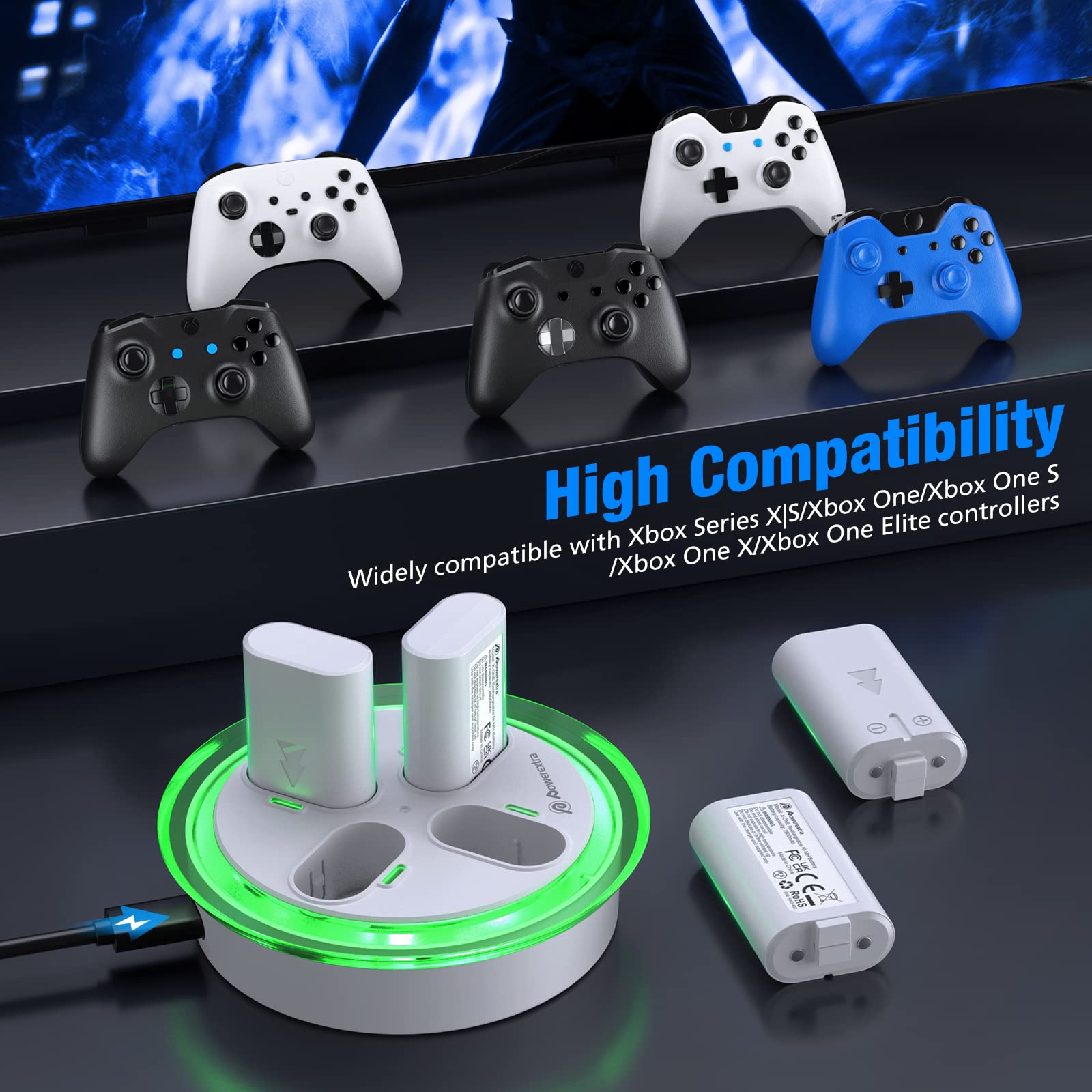 Powerextra Cargador Rápida para Mando Xbox One con Batería Recargable de Alta Capacidad de 4 * 2600 mAh, Base de Carga para Xbox Xbox One Series S/X Mando(Blanco)