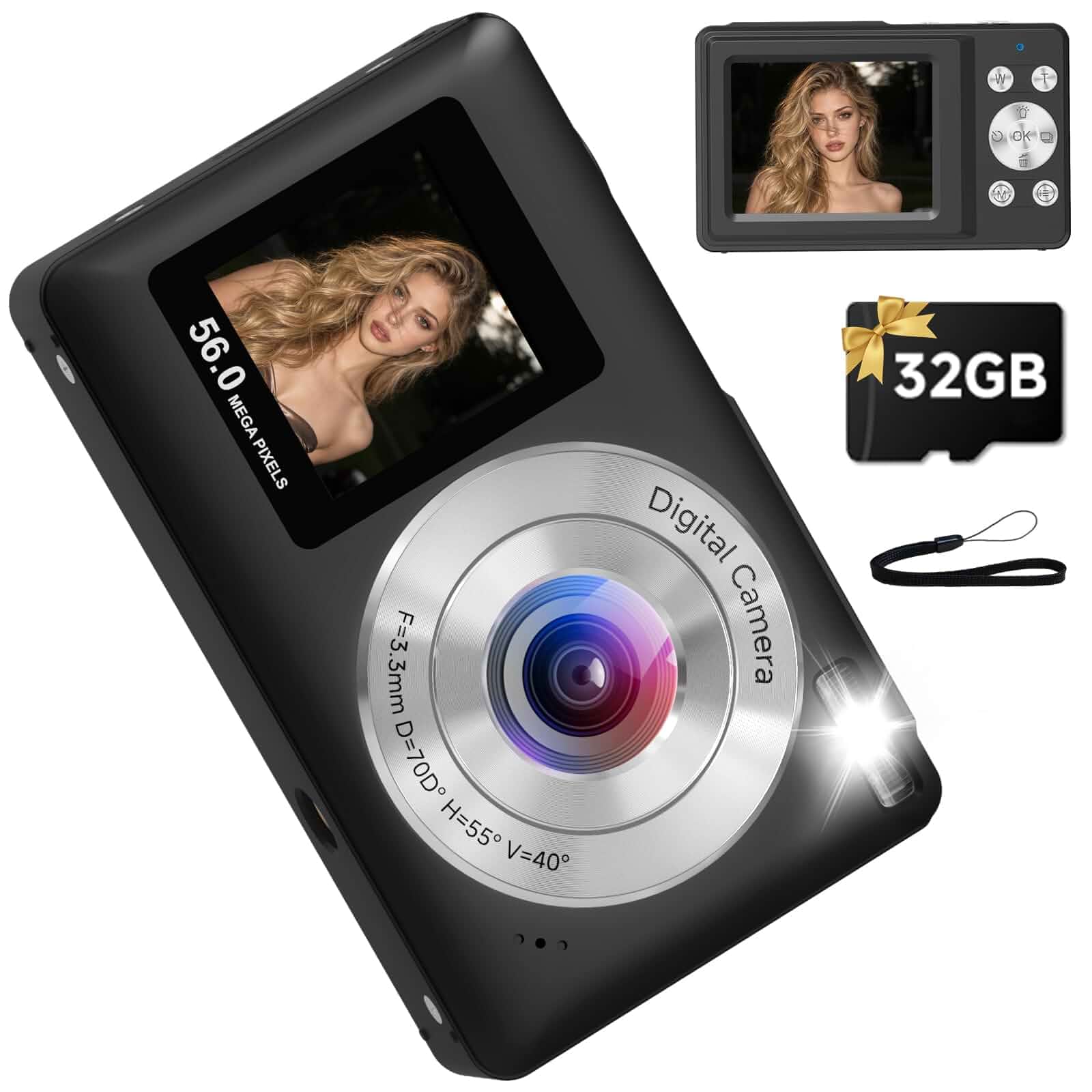 Digital Camera, 2026 Upgraded 56MP Camera with Selfie Screen, Dual Screens Digital Cameras with Smile Capture Anti Shake, Portable Vlogging Cameras with 32GB Memory Card for Kids Teens Girls,Black Compact