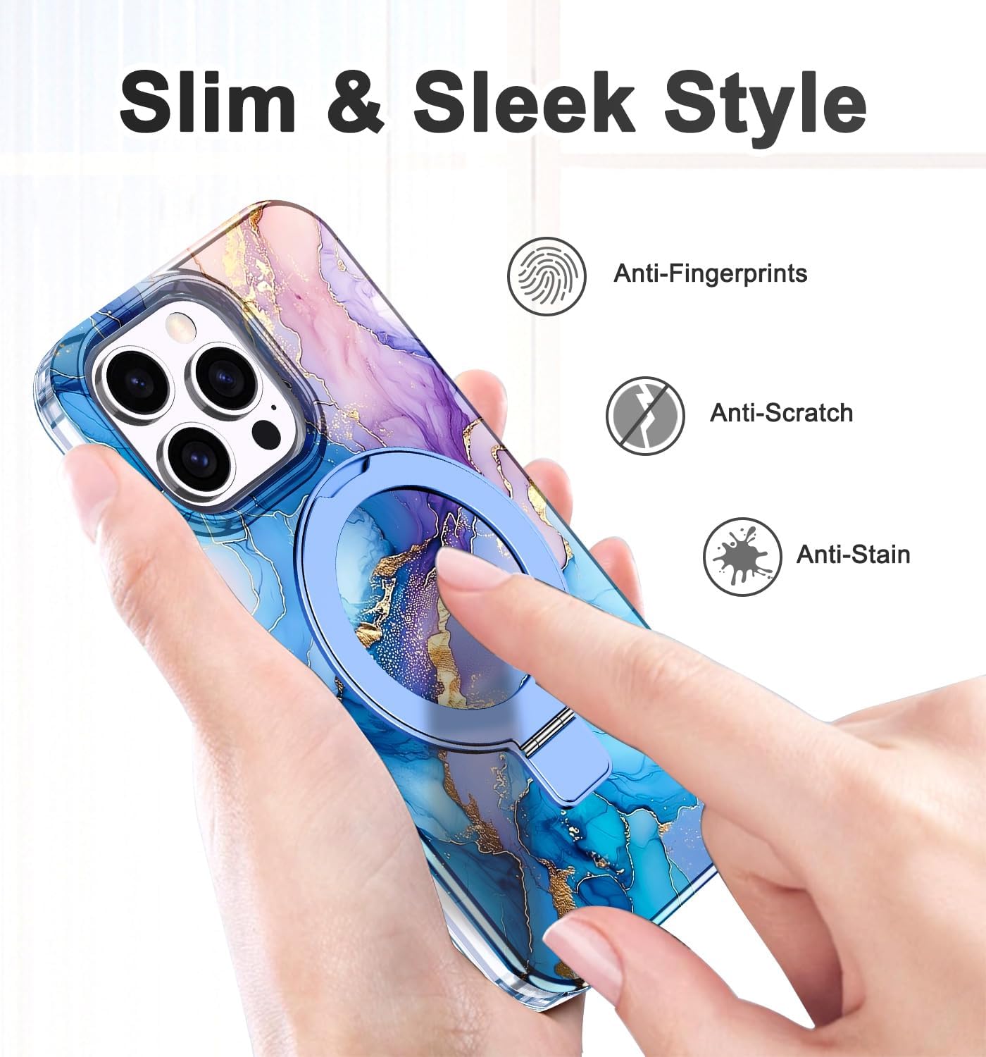Lamcase for iPhone 14 Pro Max Case with Magnetic Invisible Ring Stand [Compatible with MagSafe], Full Body Rugged Slim Women Men Girl Shockproof Marble Pattern Design Case, Blue Gold