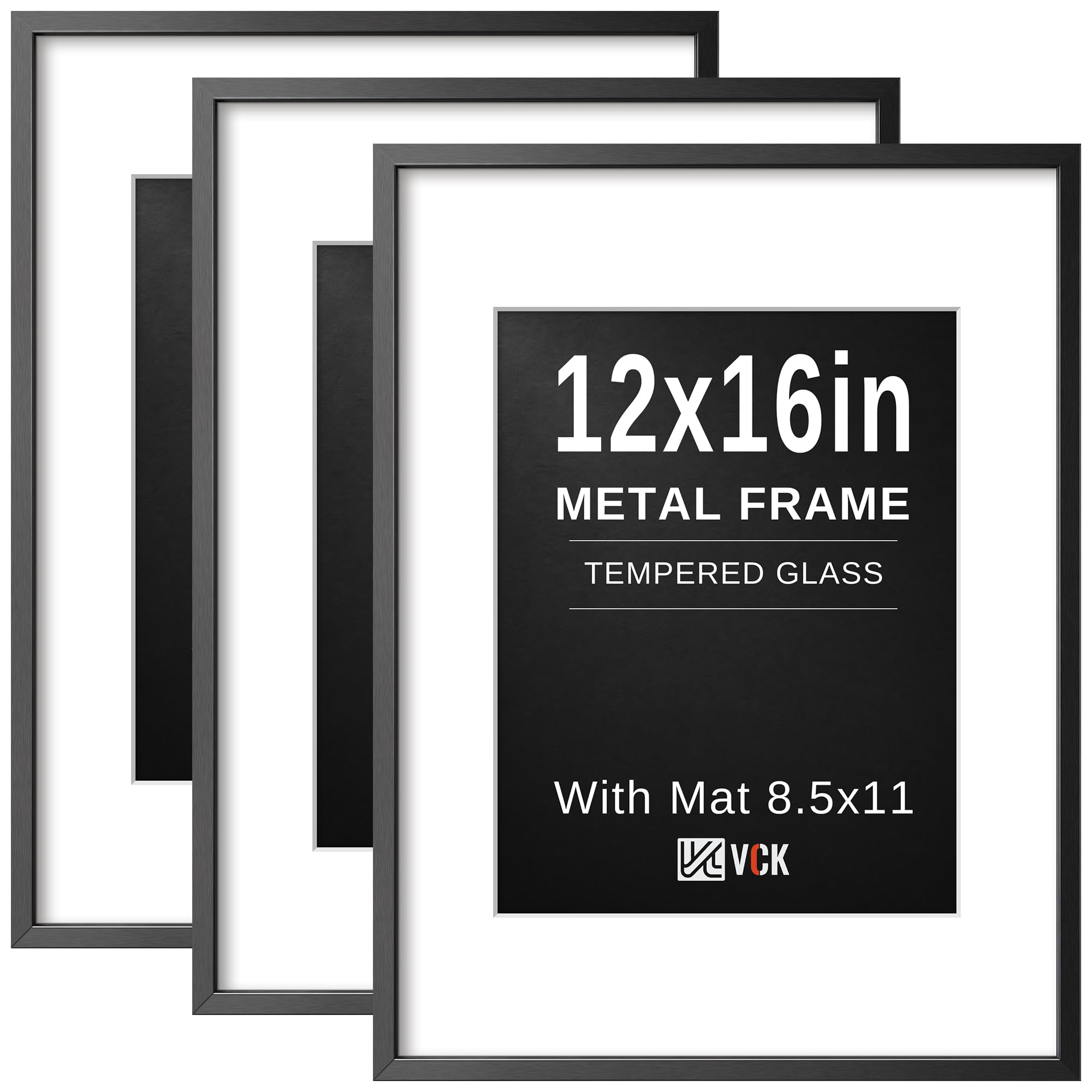 VCK 12x16 Frame Black Metal, Real Glass, 8.5x11 Mat, 3 Pack, for Picture