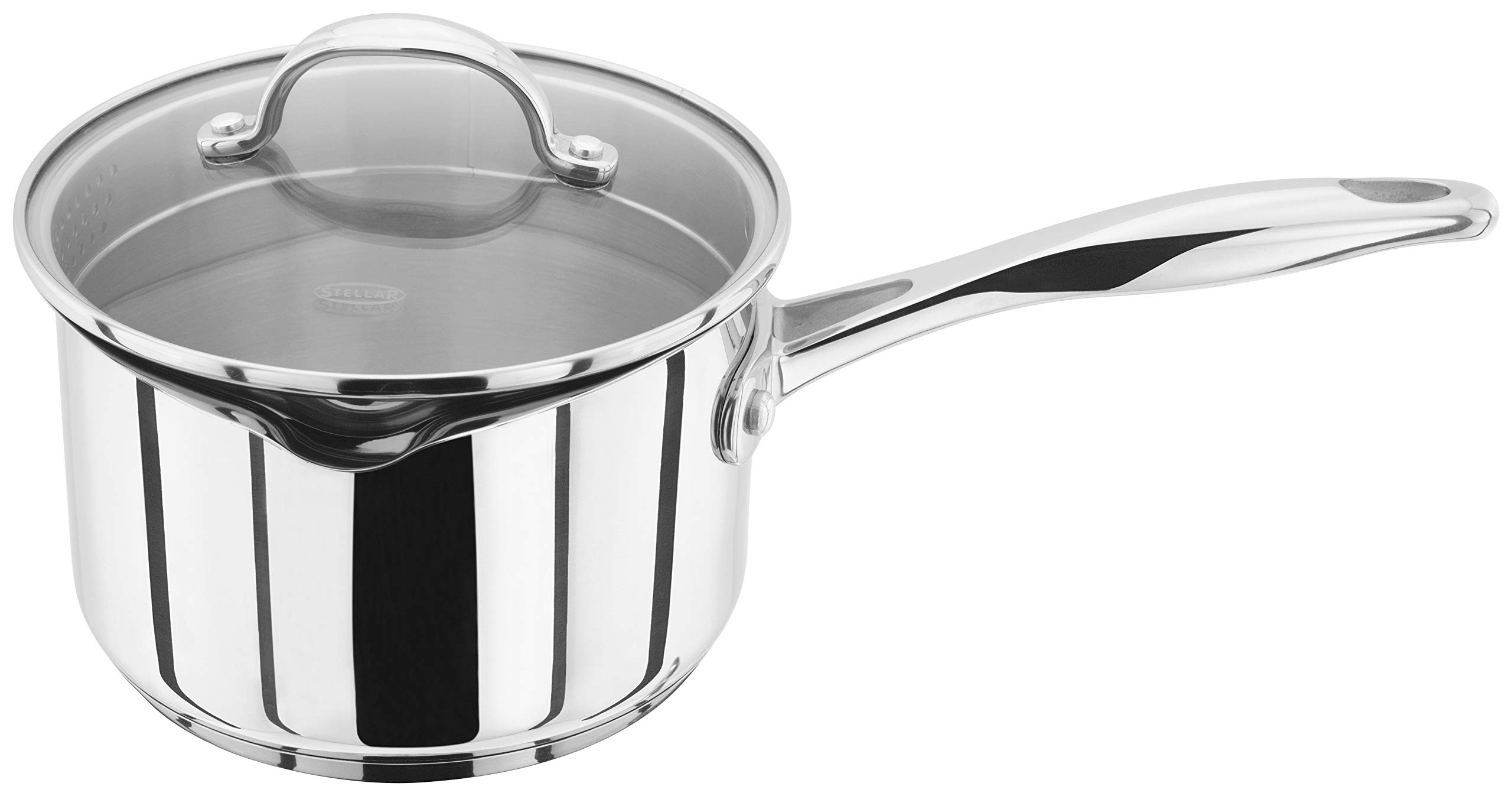 Stellar Profile 16cm Draining Saucepan – 1.6L Stainless Steel 18/10 Cooking Pan with Glass Lid, Induction Suitable, Dishwasher Safe