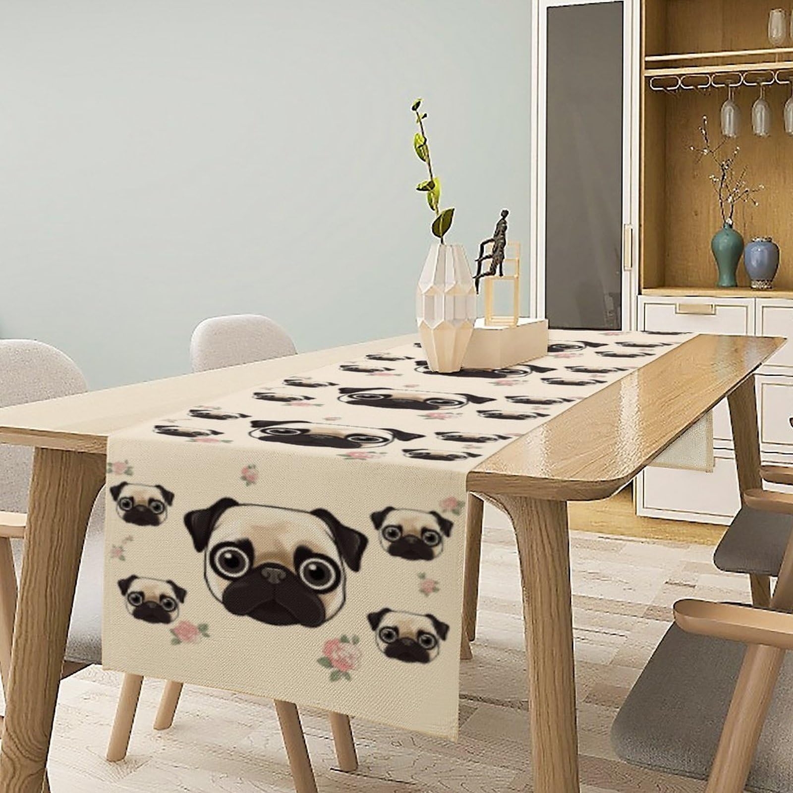 Line Pug Table Runner 13x72 Inch Linens Burlap Table Runner with Tassels Boho Farmhouse Table Runner for Kitchen Home Christmas Halloween Party Table Decor Tablecloth