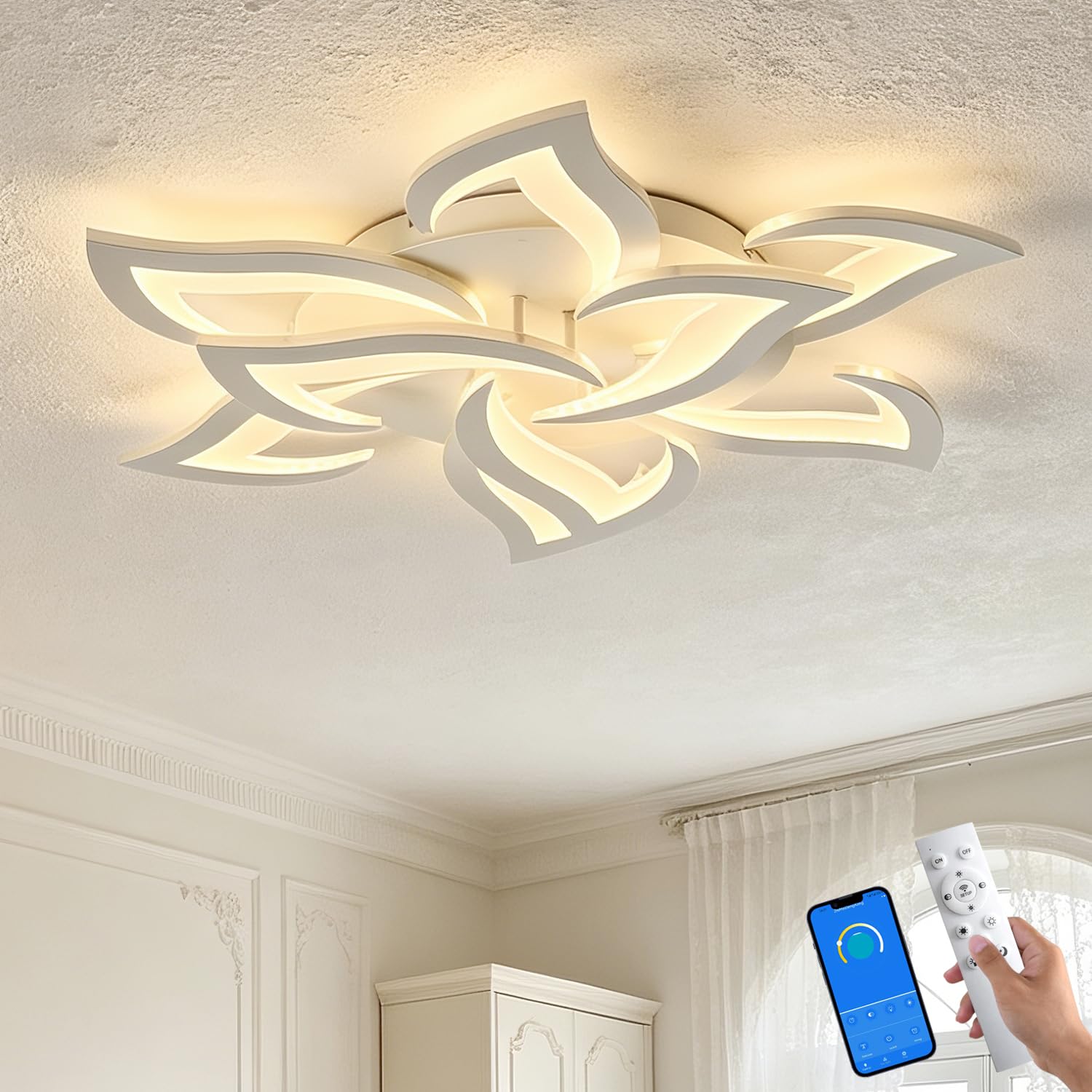 ChenSolara LED Ceiling Light 39.4'', Flower Shaped Dimmable Ceiling Lamp with Remote Control, 9-Petal Modern Flush Mount Light for Living Room & Dining Room – White