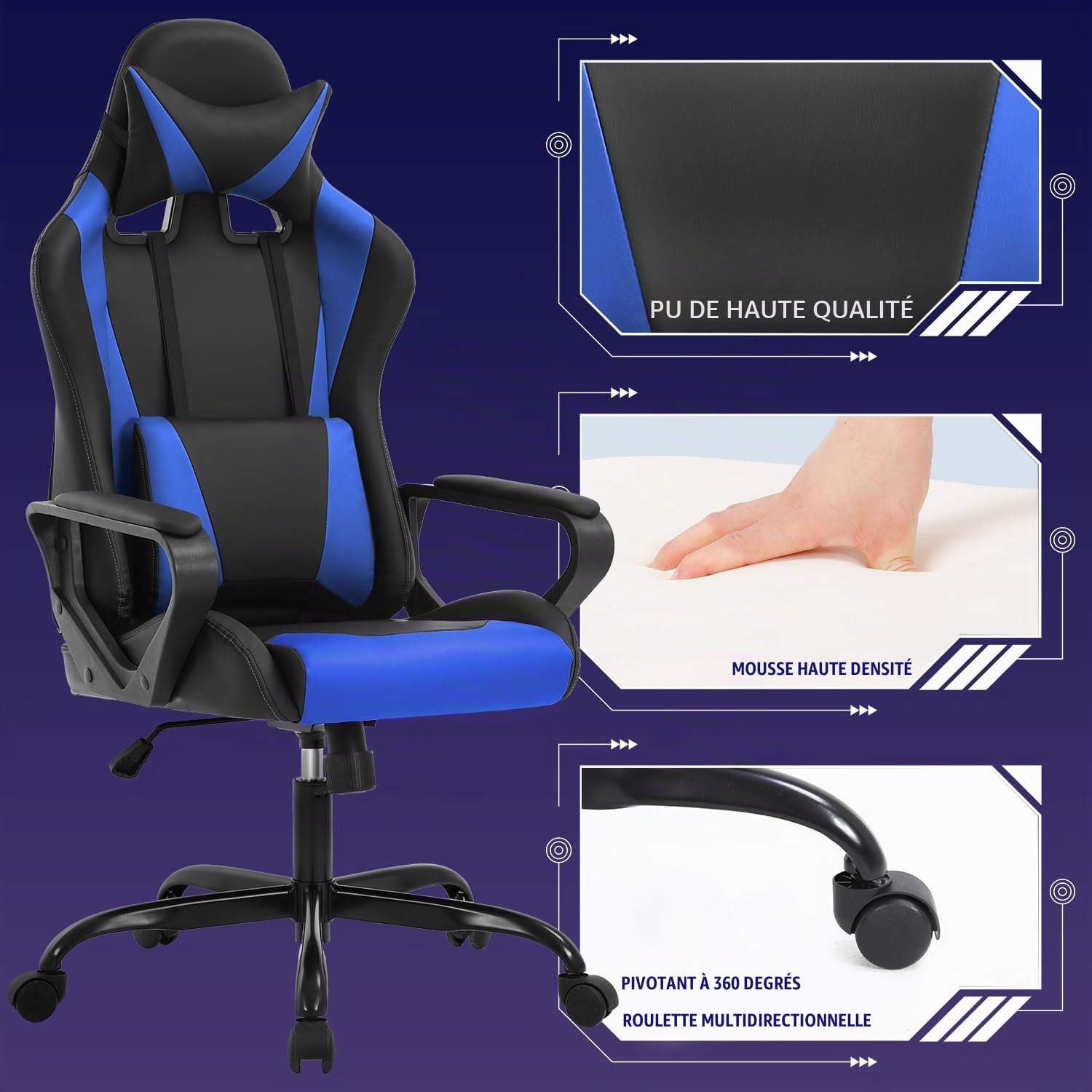 BestOffice Chaise Gaming,Ergonomique Fauteuil Gaming,Chaise Gamer avec Coussin Lombaire et Appui-tête, Siege Gaming Hauteur Réglable, Siège Gamer Bleu