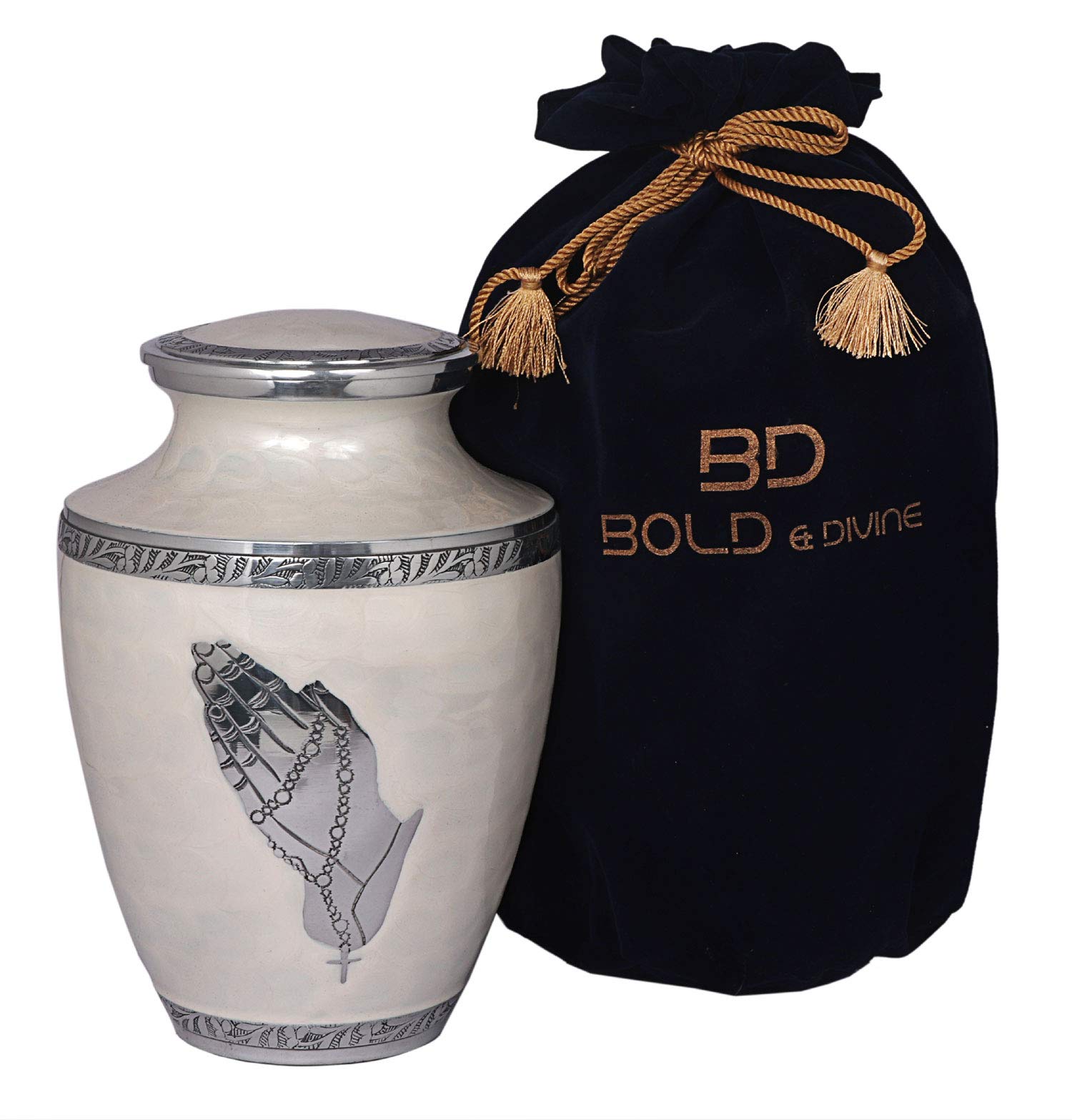 BOLD & DIVINEModern Pearl White Cremation Urn | Large | 200 Cubic Inches | Human Ashes Adult Memorial, Burial, Funeral Cremation Urn With Velvet Bag