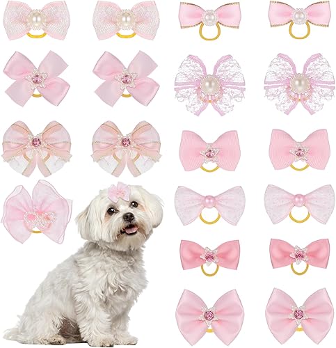 20 lazos rosados para perros de tamaño pequeño con bandas de goma, lazo elástico para perro, perlas de encaje hechas a mano, perlas de diamantes de