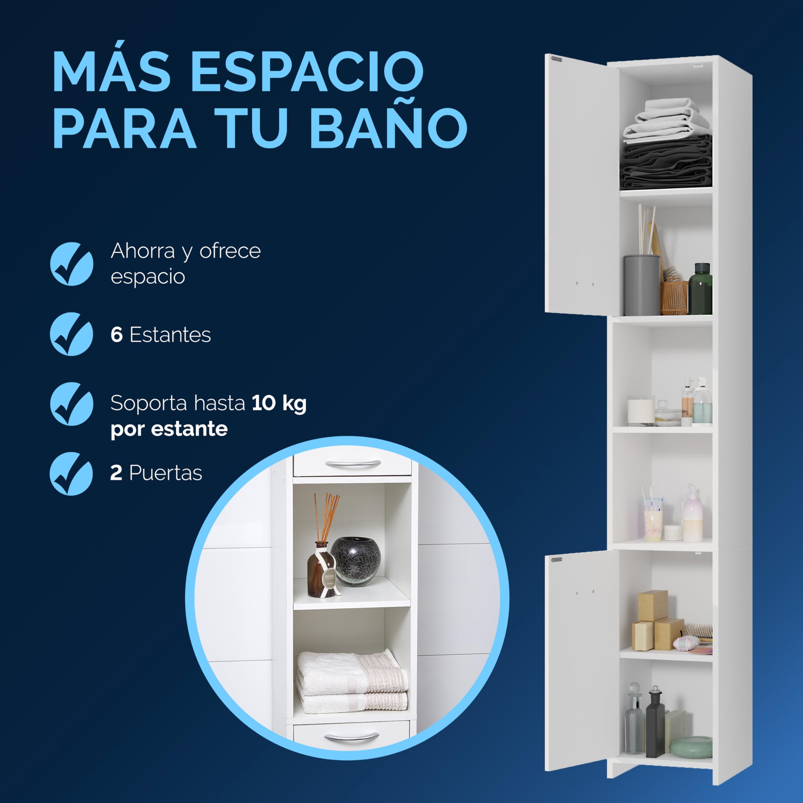 CASARIA® Armario de Baño Alto Estrecho de 180cm, 30 cm Ancho, Mueble, Columna de baño, Estantería Almacenaje, 6 Baldas Ajustables, 2 Puertas, Armarios Multiusos, Fondo 30cm, Blanco