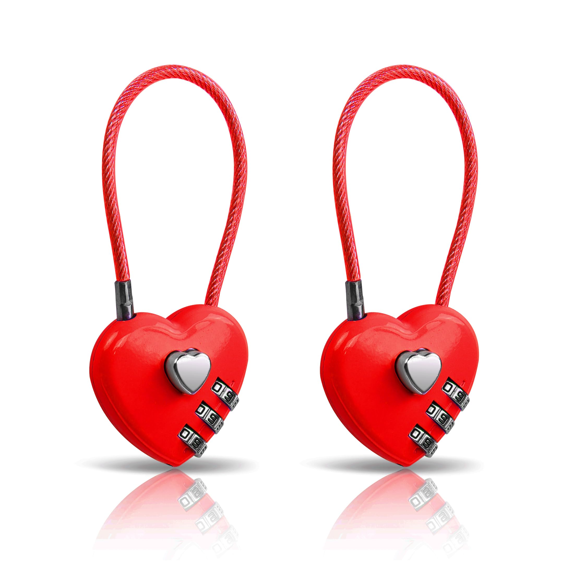 YAODHAOD 2-Pack Heart-Shaped 3-Digit Combination Padlock – TSA Cable Lock For Gym Locker, Luggage, Fence & Backpack (Pink)