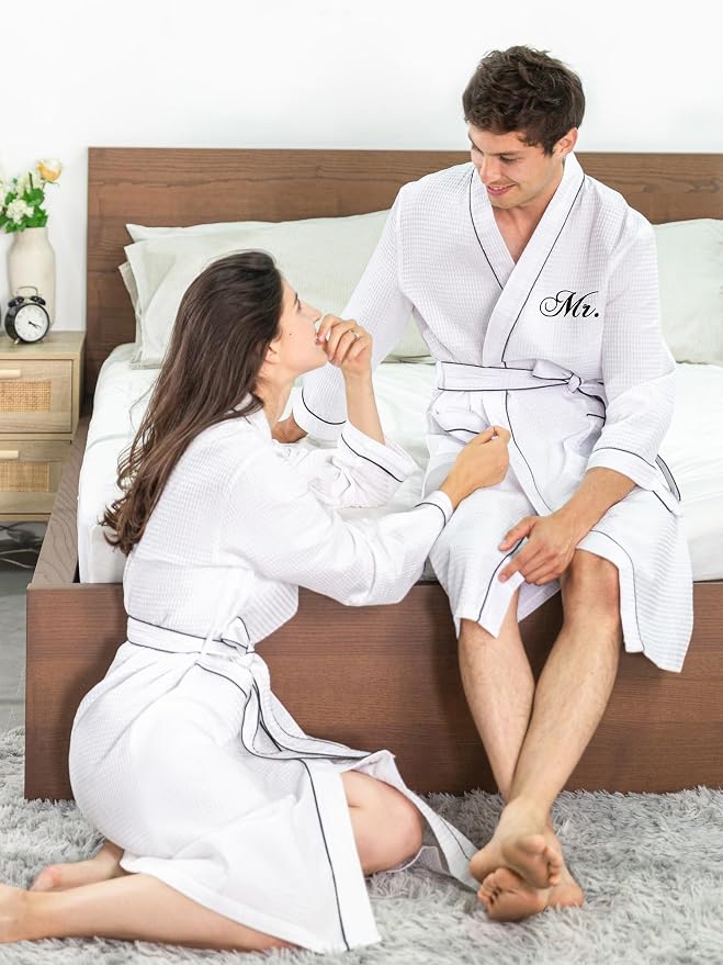 AW BRIDAL 2Pcs Couple's Cotton Waffle Knit Robes Embroidered Lightweight Spa Robes Dressing Gown Bridal Robes for Men Women