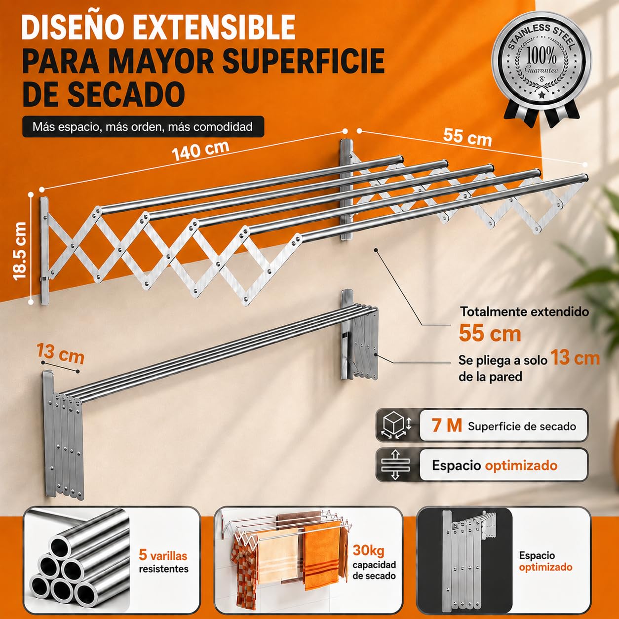TEHORNEO Tendedero Extensible Pared 140 cm, Tendedero Pared Acero Inoxidable, Tendederos Plegables de Pared, Tendedero Retractil, Tendal Extensible para Interior y Exterior, 30 kg Capacidad (140 cm)