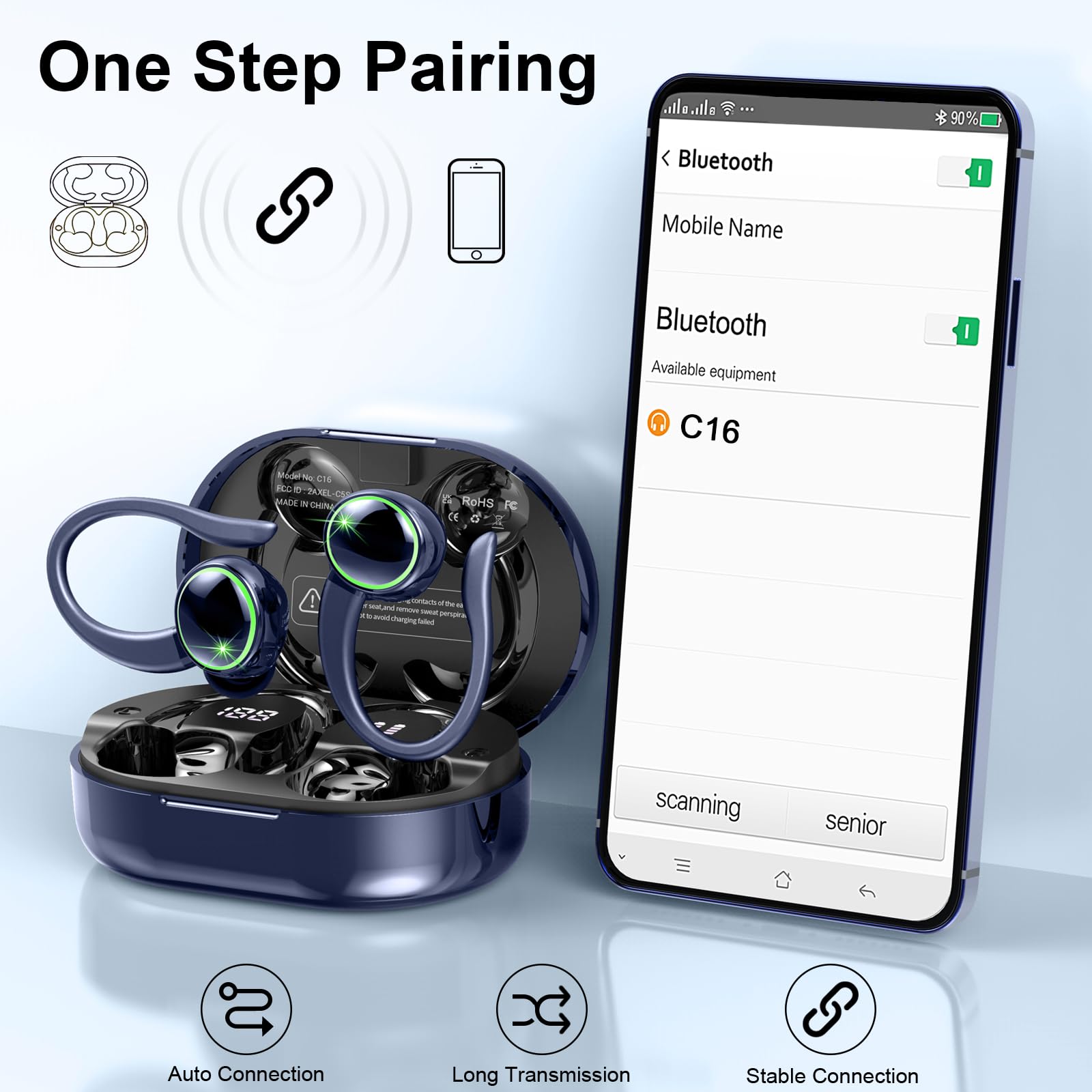 Matast Cuffie Bluetooth, Auricolari Bluetooth Sport con HiFi Stereo, Cuffie Senza Fili con LED Display, Ore Cuffie Wireless In Ear Cancellazione Rumore ENC e HD Mics, IP7 Impermeabile Cuffiette