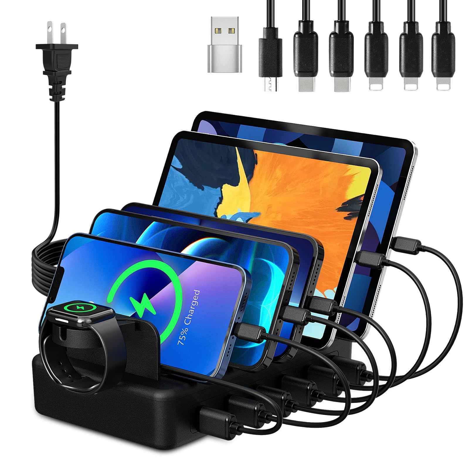 Charging Station for Multiple Devices, CREATIVE DESIGN 50W 6 Ports USB Charger Station with Apple Watch Holder & 6 Cables, Charging Dock for iPad Cellphone Kindle Tablet and Other Electronic (Black)