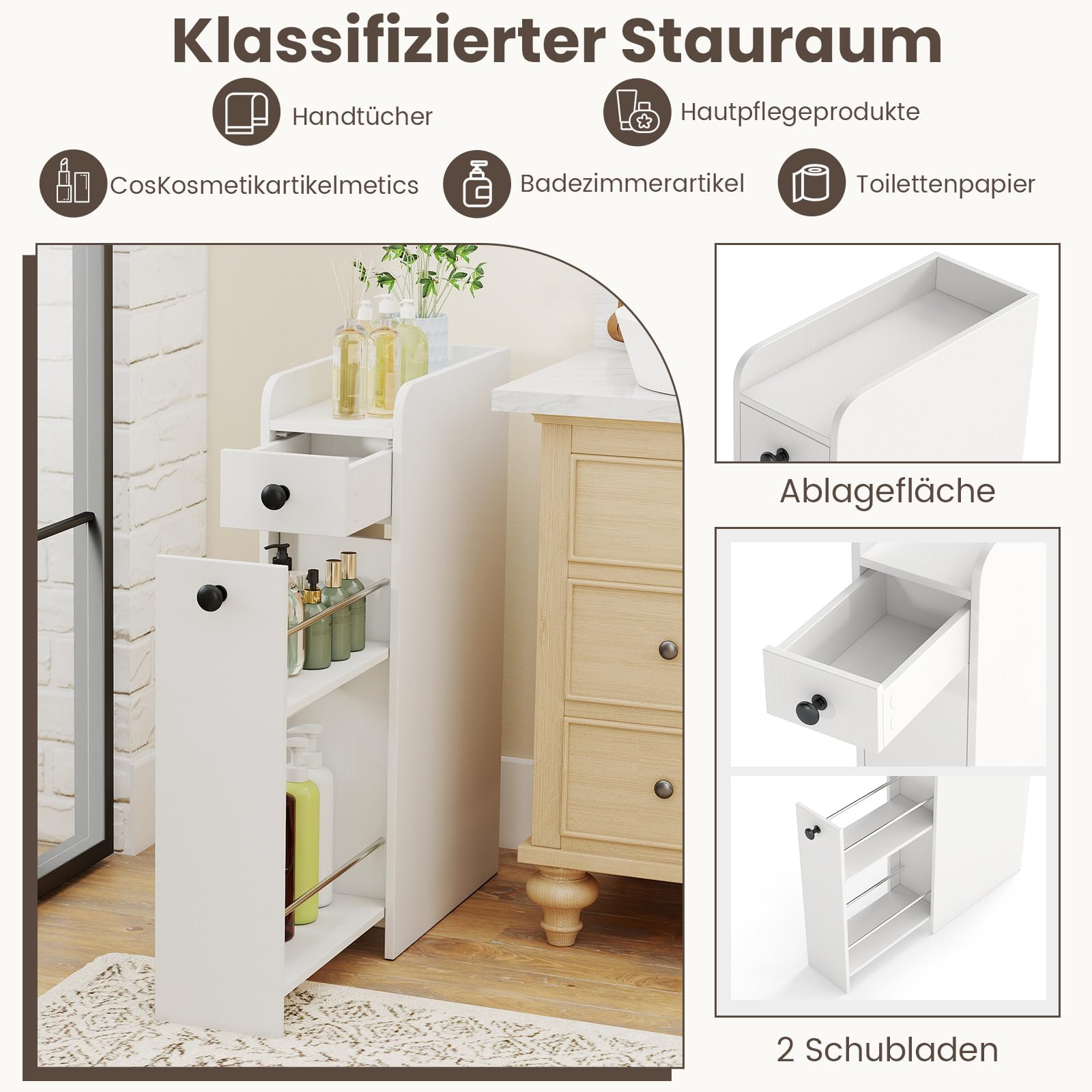 COSTWAY Nischenschrank mit Rollen, Badezimmerschrank mit offener Ablage & 2 Schubladen, Rollwagen, Nischenwagen schmal für Badezimmer, Küche & Wäscherei, 18 x 40 x 70 cm (Weiß)