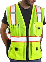 Vista 1 de Dib Safety - Chaleco reflectante amarillo de malla, chaleco de alta visibilidad con bolsillos y cremallera, clase 2 ANSI de alta resistencia, hecho