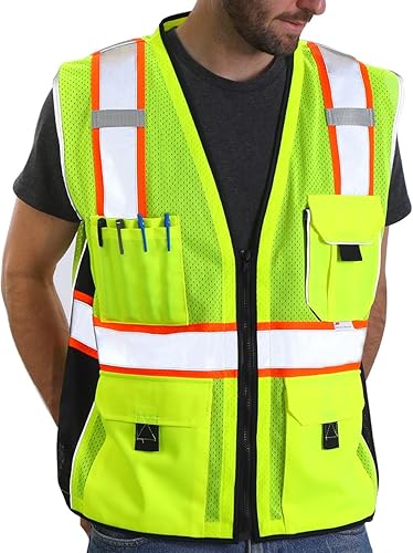 Dib Safety - Chaleco reflectante amarillo de malla, chaleco de alta visibilidad con bolsillos y cremallera, clase 2 ANSI de alta resistencia, hecho