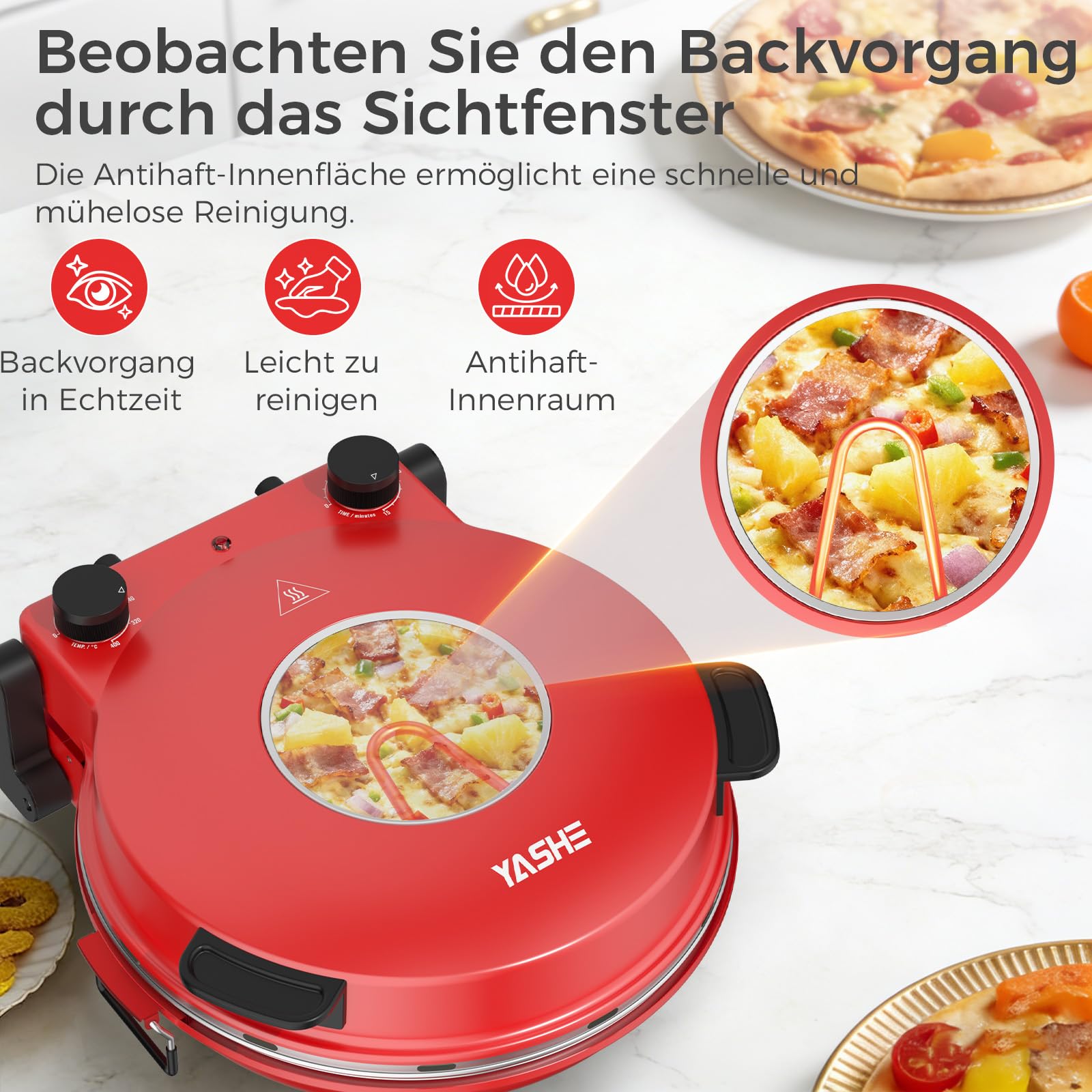YASHE Elektrischer Pizzaofen 400°C 30 cm Keramik-Pizzastein 1200W Ober- und Unterhitze Timer