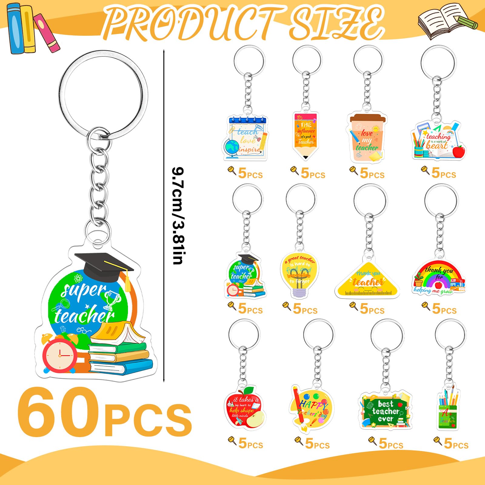 60 Pcs Teacher Keychain Teacher Appreciation Gifts in Bulk 12 Style Apple Acrylic Keychain Key Rings Thank You Key Chain Graduation Gift for Teachers Women and Men