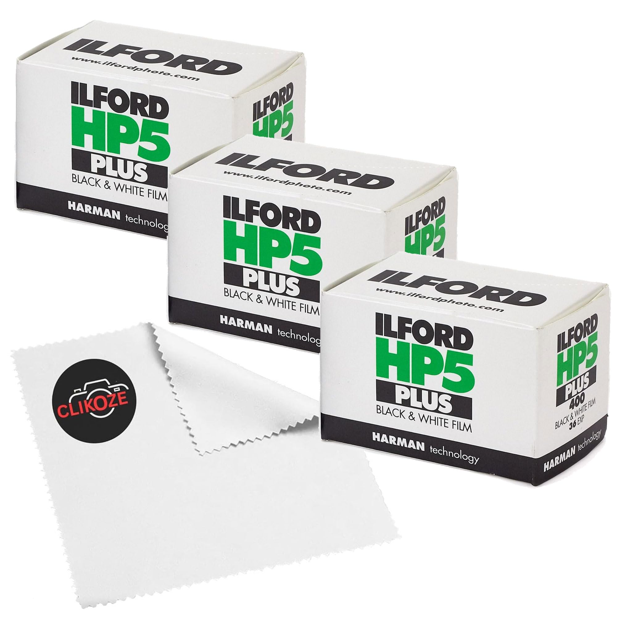 Ilford HP5 Plus Lot de 3 films négatifs ISO 400 Noir et blanc 35 mm 3 x 36 poses + chiffon en microfibre Clikoze