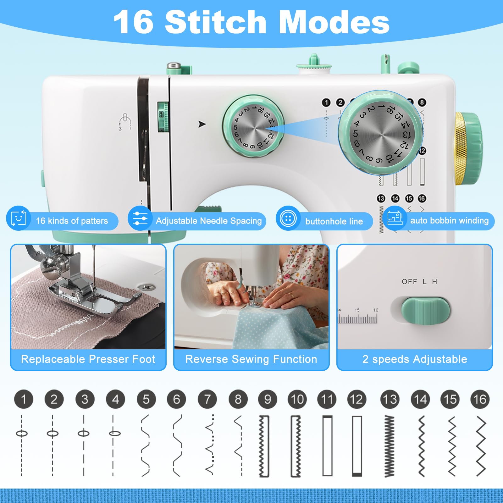 Mini Nähmaschine für Anfänger mit 32 Fäden Kit, 16 integrierte Stiche, multifunktionales tragbares Nähen mit Fußpedal, kleine Nähmaschine zum Reparieren