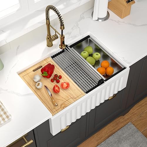 30 Farmhouse Sink White 30x20x10 Inch Farmer Sinks Workstation Reversible Ceramic Apron Front Kitchen Sinks Single Bowl Farm Style Basin - Oak Wood Grain