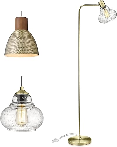 ELYONA Luz colgante industrial de madera de caucho de metal martillado de 68 pulgadas y luz colgante de vidrio de burbujas soplado a mano de 8