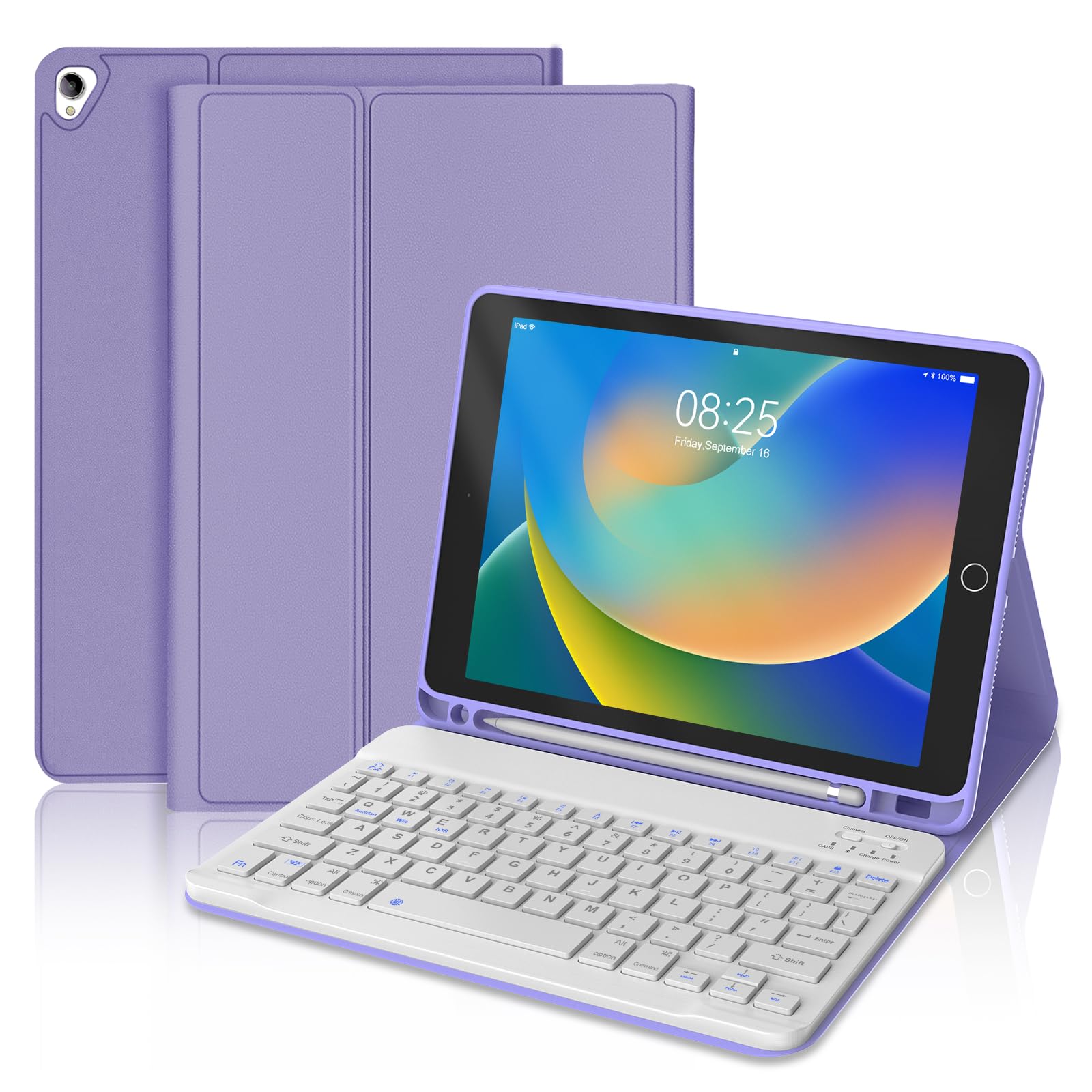 keyboard case for ipad 9th/8th/7th generation, detachable wireless bluetooth keyboard slim folio smart cover for ipad 10.2"/ipad air 10.5"(3rd gen)/ipad pro 10.5" with pencil holder – light purple
