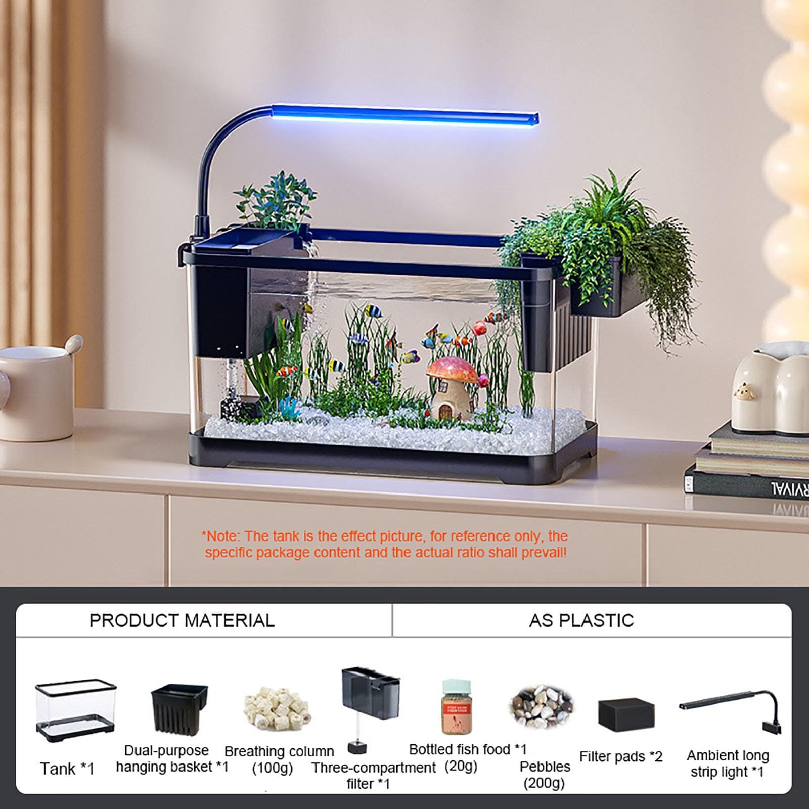 Aquarium avec Filtre Et Lumière, Mini Aquarium Décoration De Table pour Poissons Betta, Crevettes, Poissons Rouges(S)