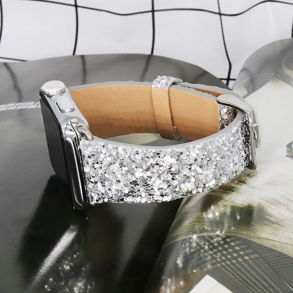 JOHIPI Bling Band Compatible with Apple Watch Bands 38mm 40mm 41mm 42mm 44mm 45mm 46mm 49mm Ultra 3/2/1, Glitter Sparkle Leather Strap For iWatch Band Series 11/10/9/8/7/6/5/4/3/2/1 & SE3 SE2 SE - Image 3