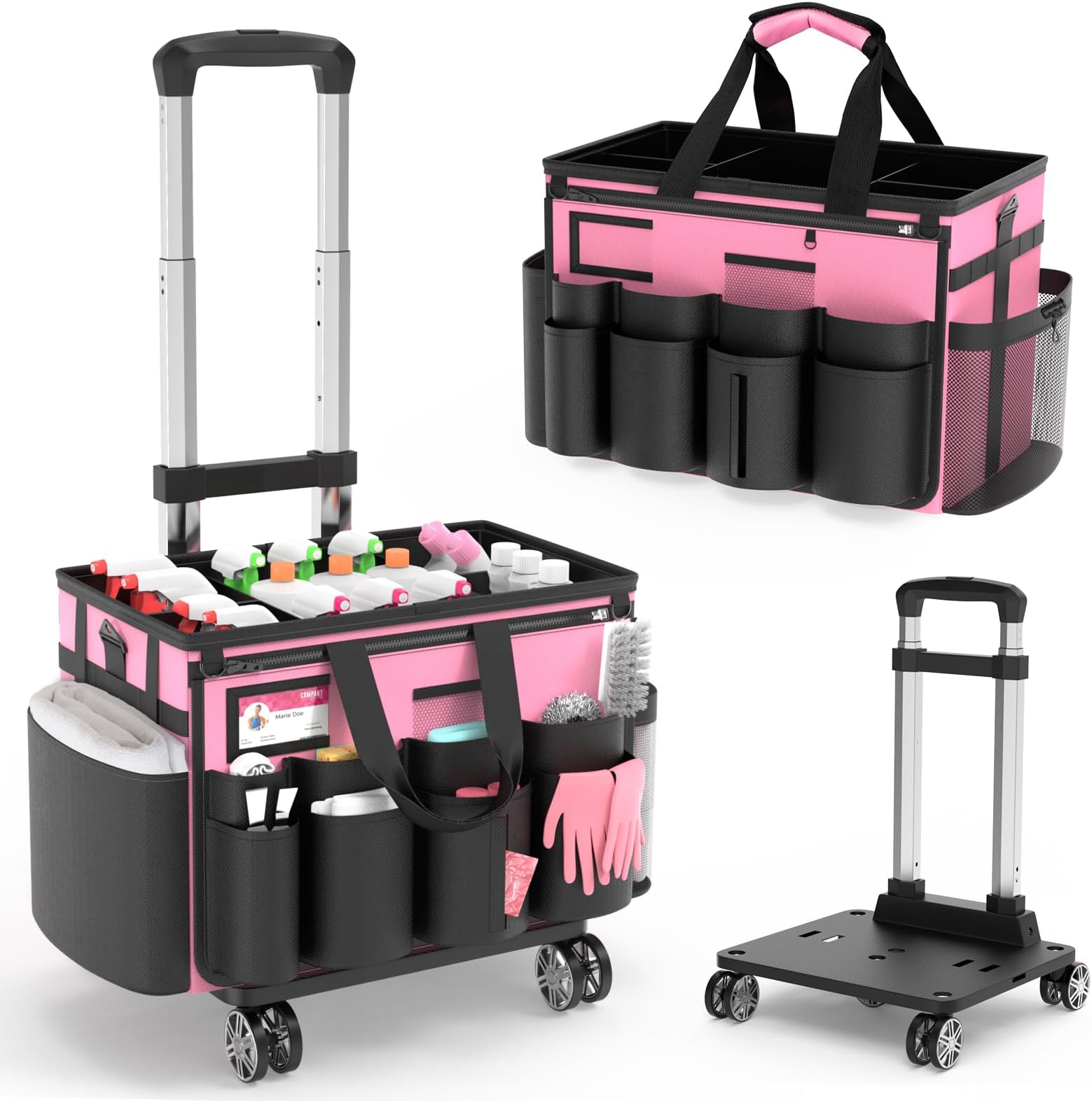 Cleaning Caddy with Wheels - Rolling Cleaning Caddy Bag with Detachable Trolley, Cleaning Caddy for Cleaning Supplies, Cleaning Bag for Housekeeping, Pink