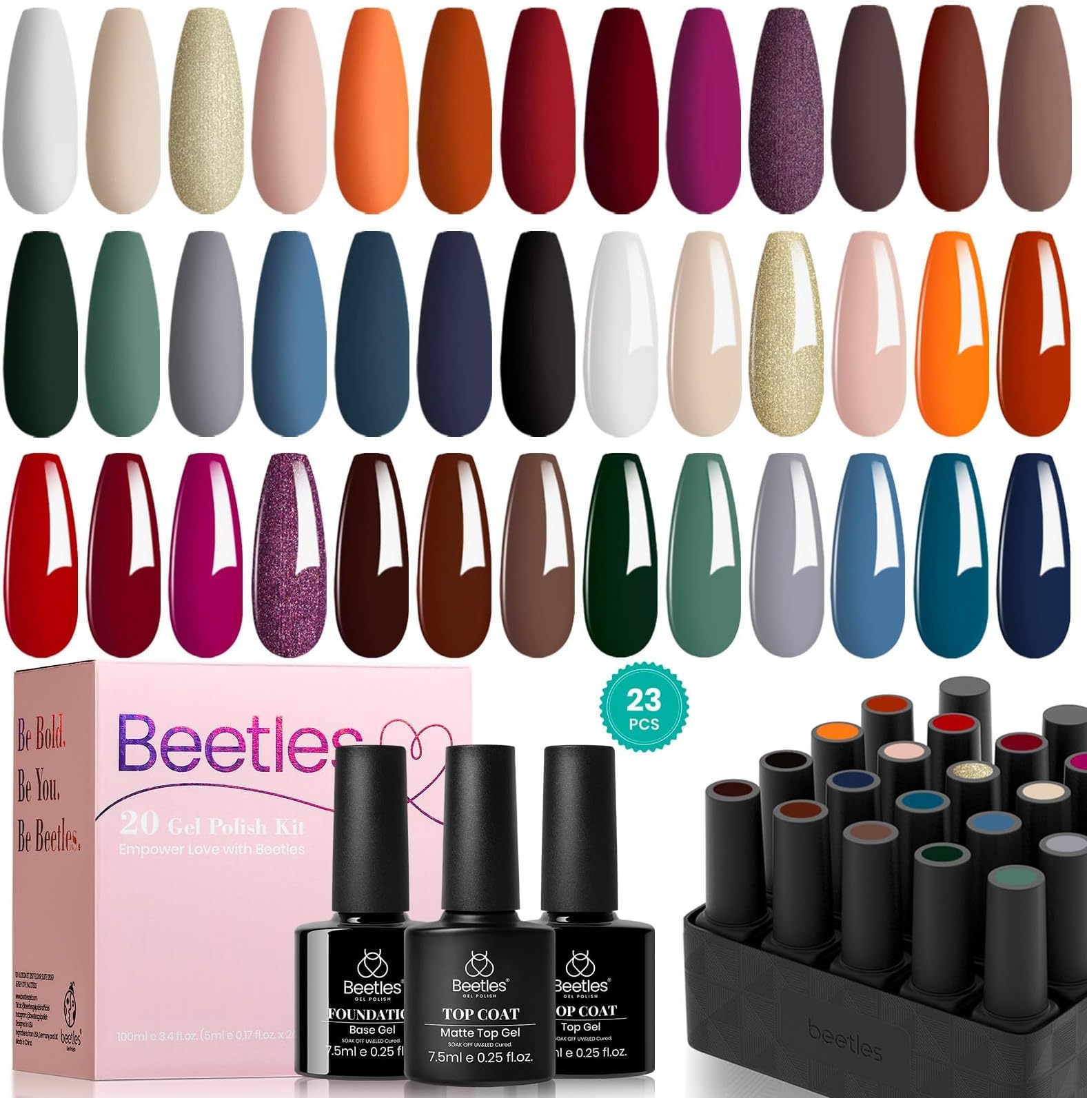 Beetles 20 Gel Nail Polish Glowing Attraction Set Nude Gray Red Blue Glitter Black Gel Nail Polish Starter Kit with Glossy Matte Top Coat Base Coat