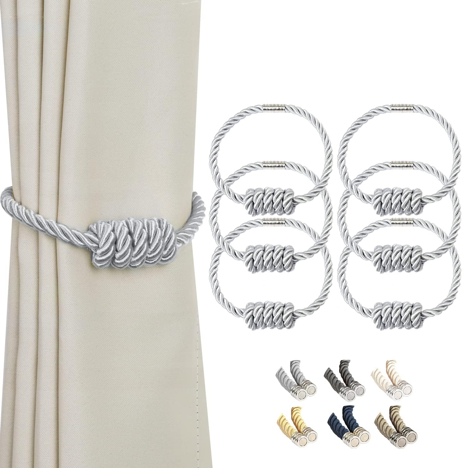BEL AVENIR Magnetic Curtain Tiebacks, Decorative Drapery Holdbacks Modern Woven Tie-Backs with Exquisite Knot (Sliver, 6 Pack)