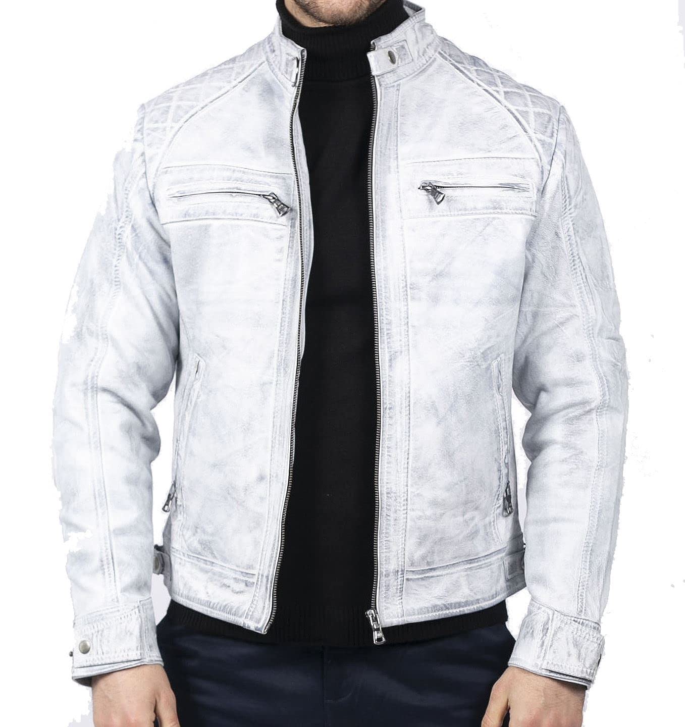 Truclothing Men's White Biker Jacket Outwear Windproof Winter Motorcycle Rider Real Leather Jackets Coat Retro - S