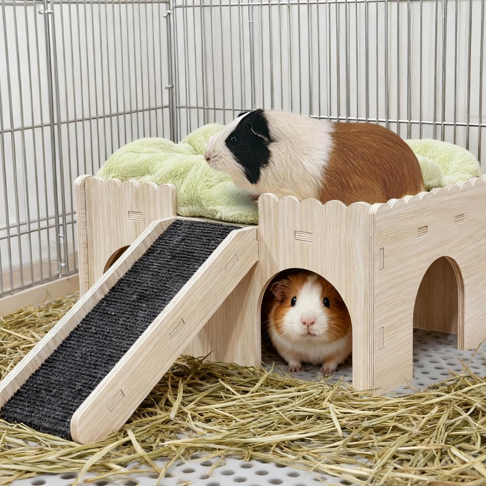 Meerschweinchenversteck aus Holz mit Rampe, 4 Eingänge, mit weichem Pad, 9 mm Holz, für Meerschweinchenhaus, Hasenversteck