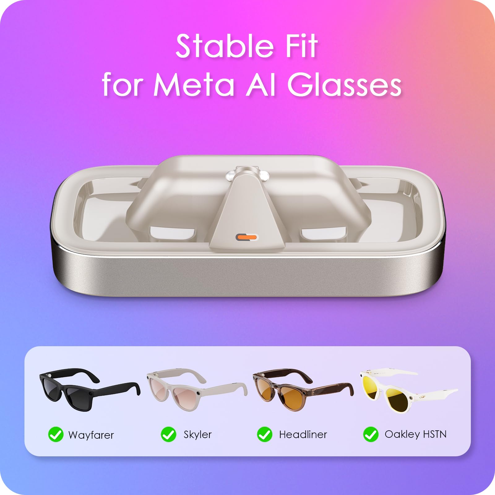 Estación de carga para gafas Meta Ray-Ban Wayfarer, Skyler, Headliner y cargador Oakley Meta HSTN con indicador LED (alimentado por USB-C - Starlight)