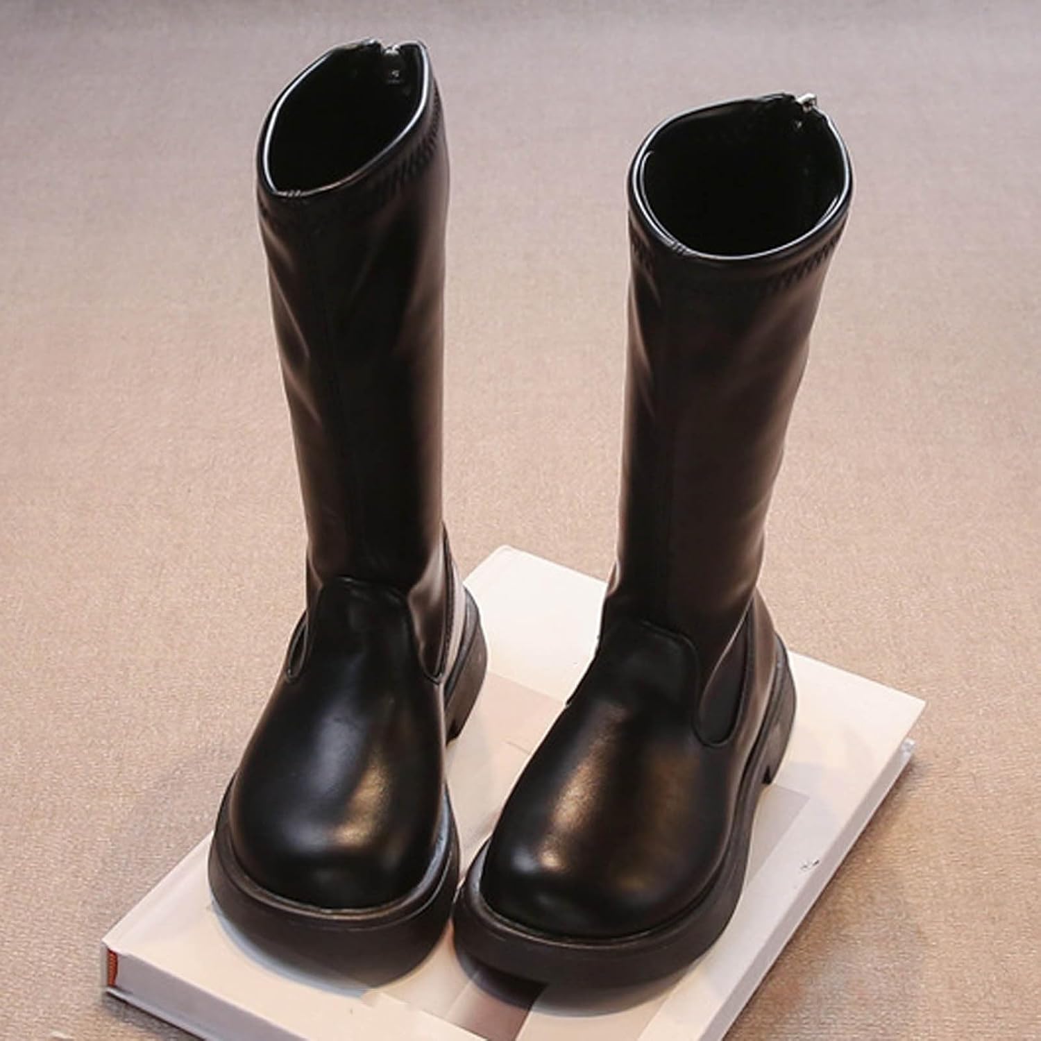 White Combat Boots for Girls:Fashion Faux Leather Back Zipper Booties Winter Warm Mid Calf Footwear Party Wedding Shoes