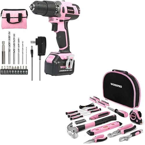 WORKPRO Pink Cordless 20V Lithium-ion Drill Driver Set with Storage Bag and 103-Piece Pink Tool Kit with Easy Carrying Round Pouch