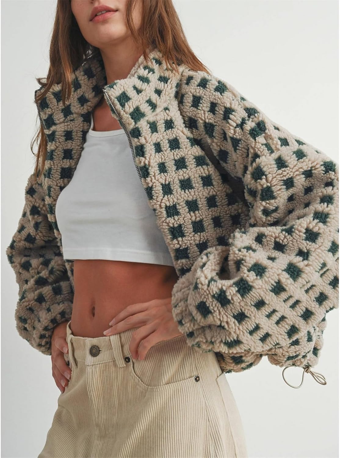 Womens Checkered Sherpa Jacket Cropped Long Sleeve Plaid Fleece Coats Casual Zip Up Gingham Outwear with Pockets - Image 2