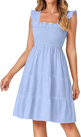 Women's Square Neck Smocked Ruffle Sundress - Sleeveless Tiered A-Line Midi Dress, 100% Polyester