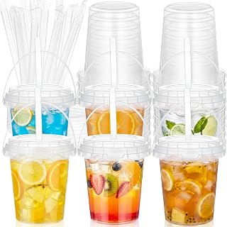 Willinglong 20 Set 34oz Clear Plastic Drink Buckets Rum Buckets for Drink with Straws, Lids and Beverage Syringes Reusable Iced Coffee Cups for Rum Wine Beer Cocktail Beverage Lemonades