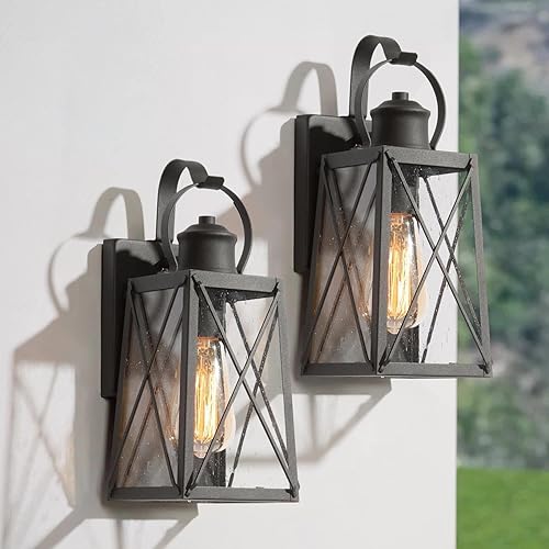 Paquete de 2 lámparas de pared negras para exteriores, apliques de pared exterior de granja con vidrio semillado, linternas modernas impermeables