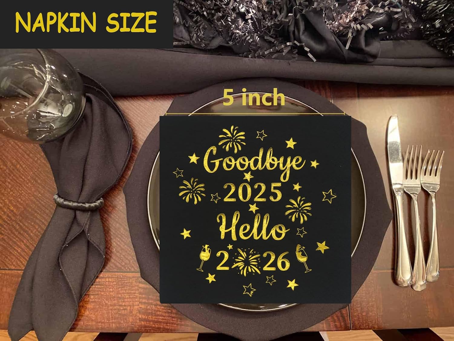 Goodbye 2025 Hello 2026 Napkins New Years Eve Napkins Happy Years Eve Party Supplies 2025 New Year Party Decorations Happy New Year Decorations 2026 (5 x 5 in, Gold Foil, 50-Pack)
