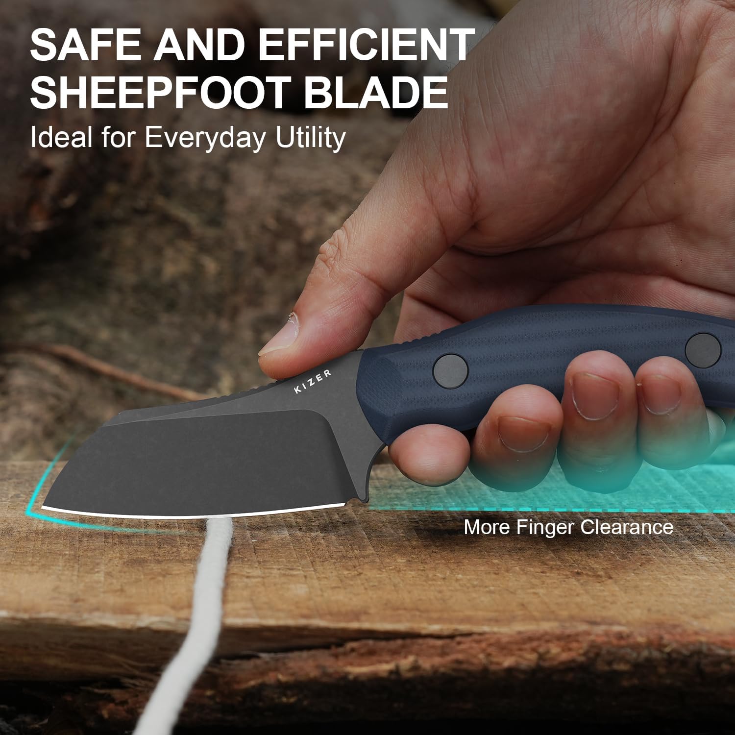 Kizer Bulldog Fix Fixed Blade Knife, 2.97" Sheepsfoot 14C28N Blade Hunting Knife with Sheath, Blue G10 One-Piece Handle EDC Camping Knives for Outdoor Survival 1116A1