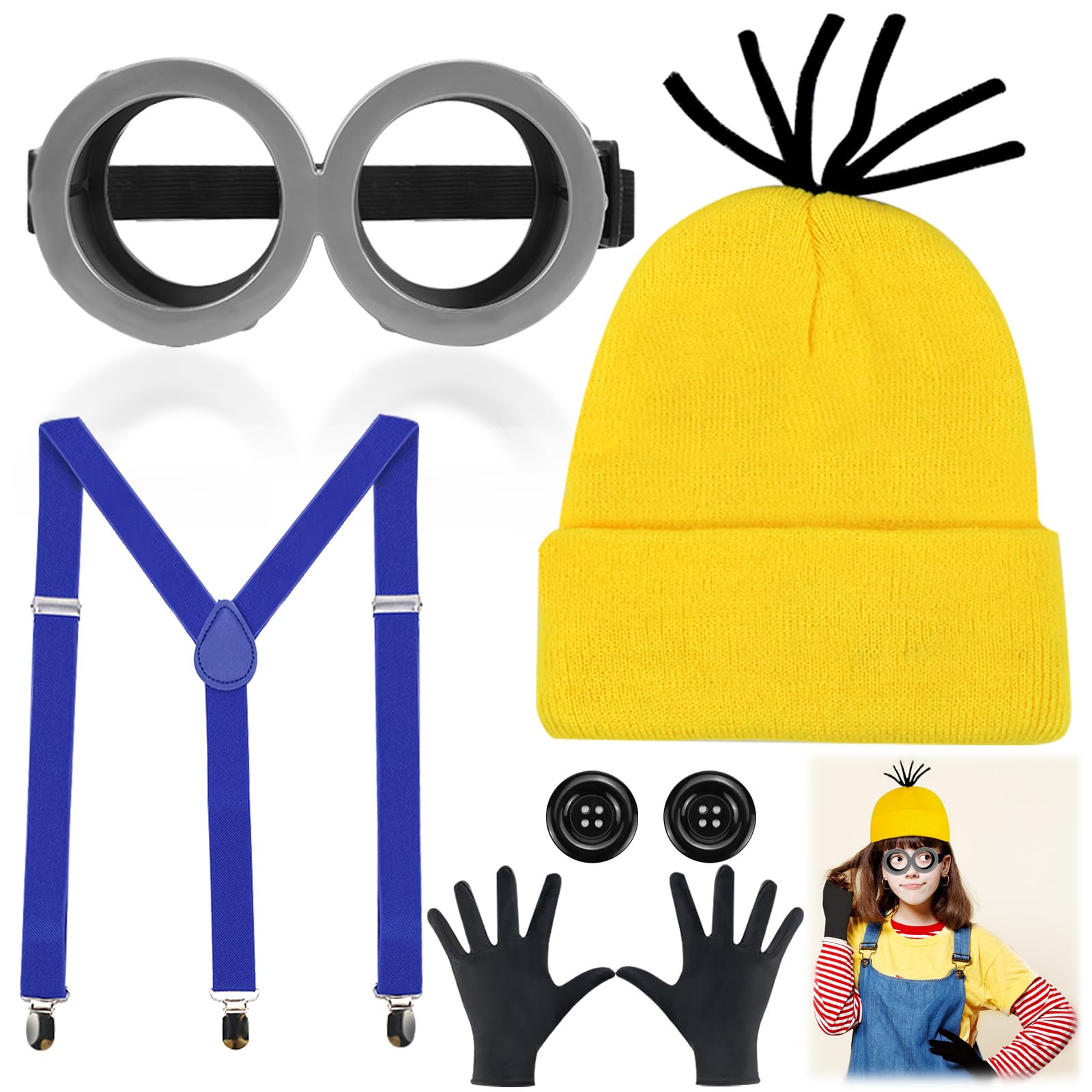 3-delige Halloween-kostuumaccessoires voor volwassenen, verkleedkleding met hoeden, steampunk-bril, zwarte handschoenen, gele muts, cosplay verkleedkleding, leuke outfit, grappige jurk