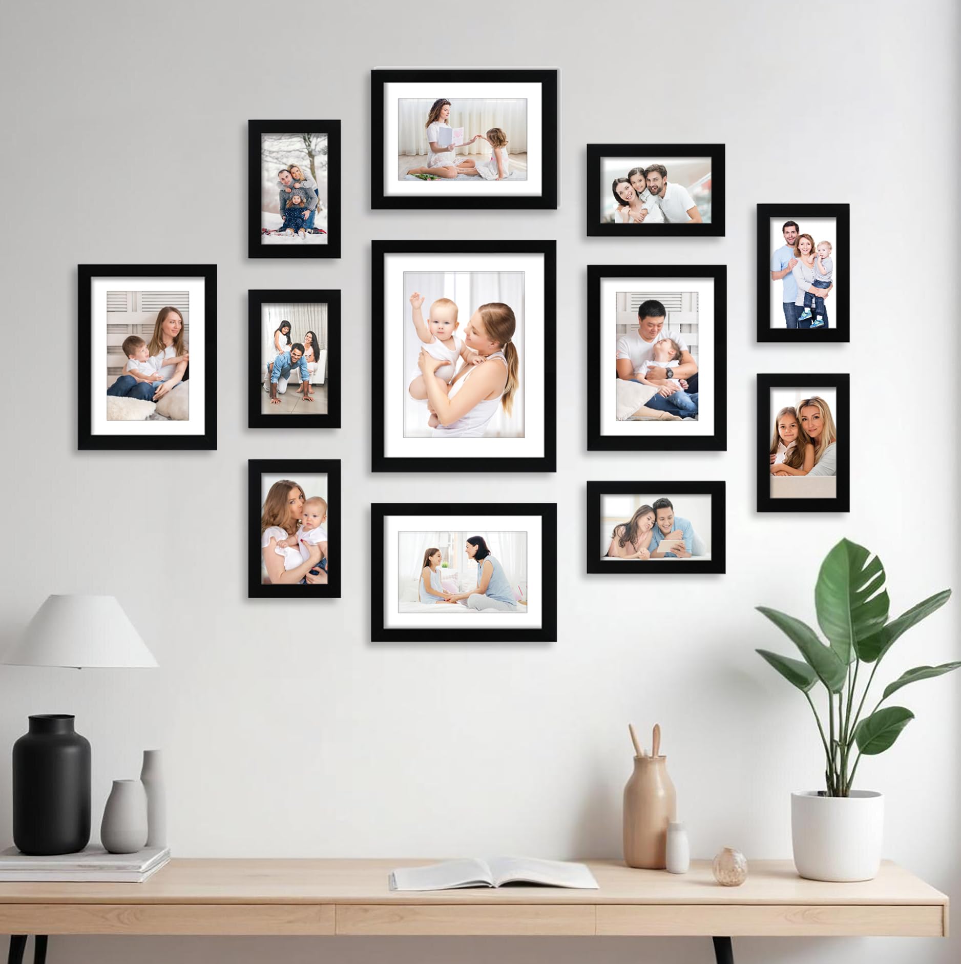 Amazon Brand - Solimo Synthetic Photo Frame Set Of 12|Plexi Glass|Frame For Home And Office Decoration|Mixed Sizes - 4X6 Inches,6X8 Inches,8X10 Inches (Black) Rectangular,Wall Mount